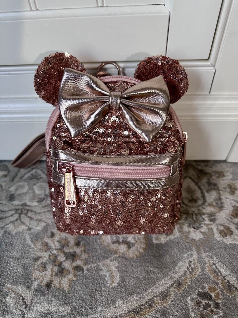 Loungefly Disney Parks Sequined Rose Gold Minnie Mouse Ears Backpack Wristlet